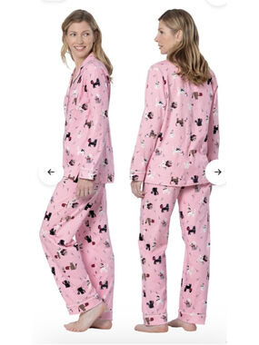 PajamaGram Large Pink Kitty in Paris Brushed Cotton Pajamas Top Pants Set